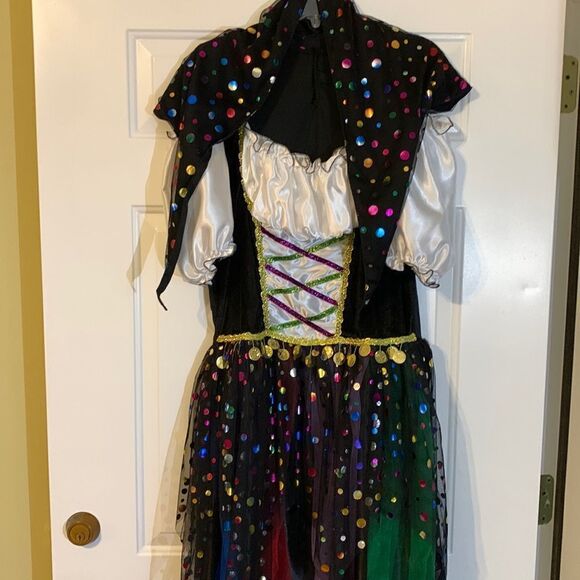 Gypsy costume one-size includes cape/head wrap, goldtone necklace & earrings. - Picture 1 of 11